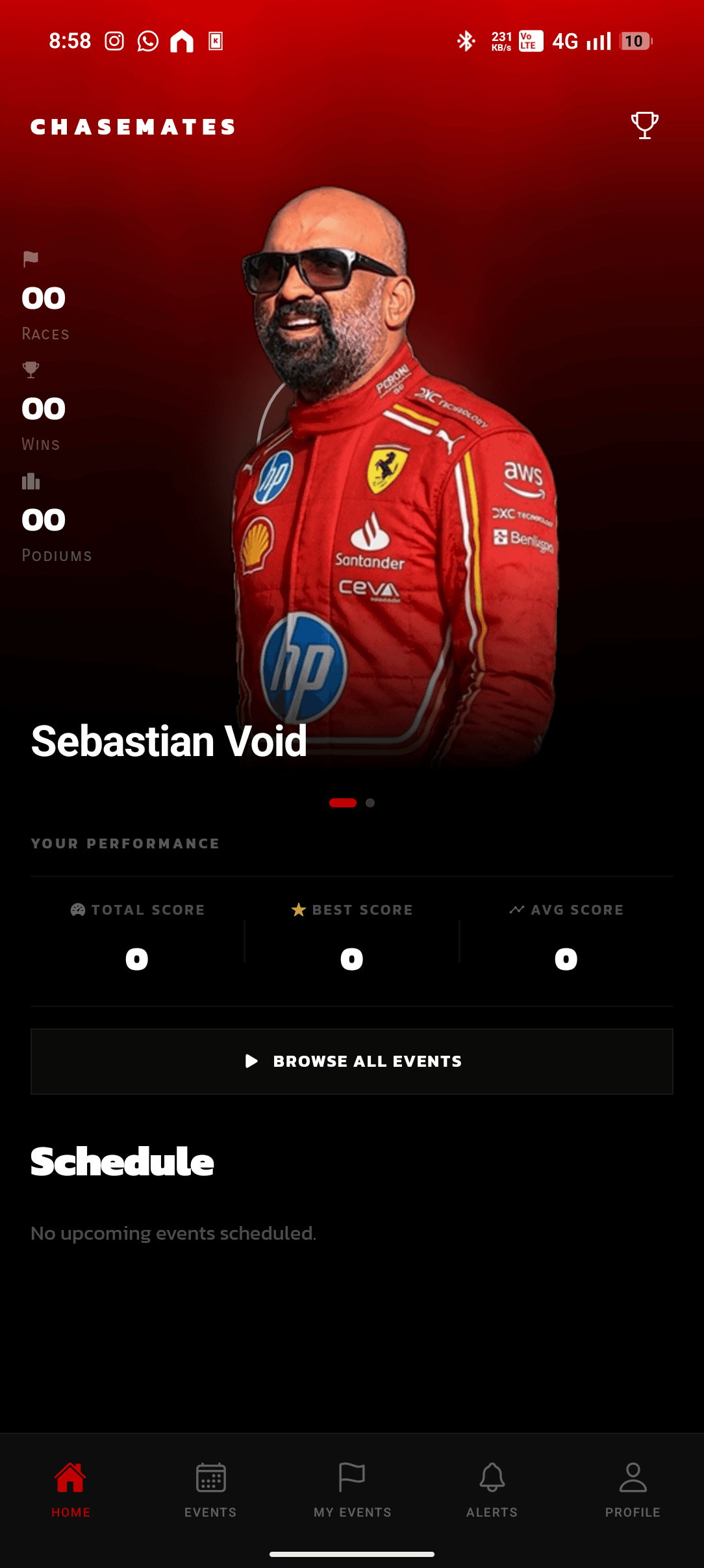 The Chasemates mobile app on a phone, showing a competitor's race profile