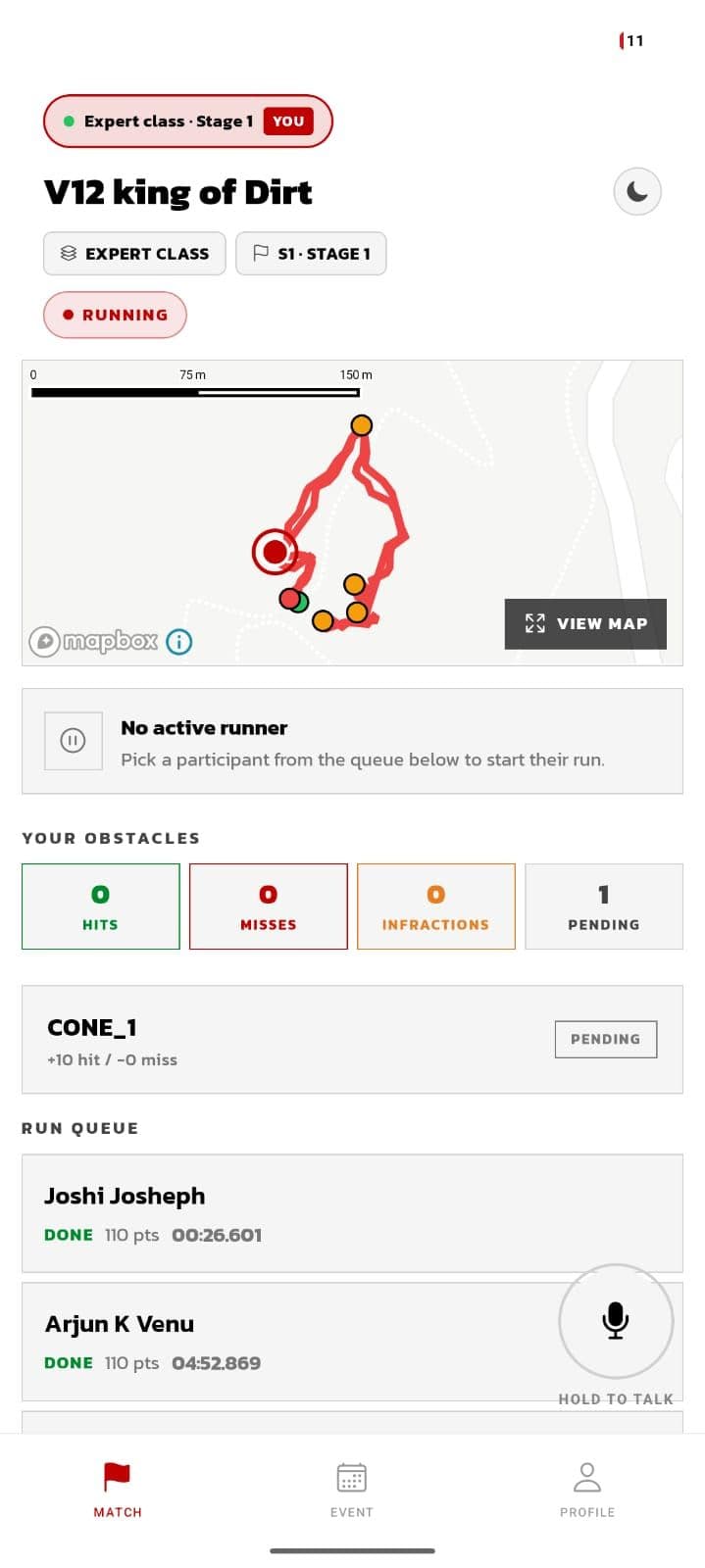 The marshal app on a phone, with the walkie-talkie control and checkpoint list