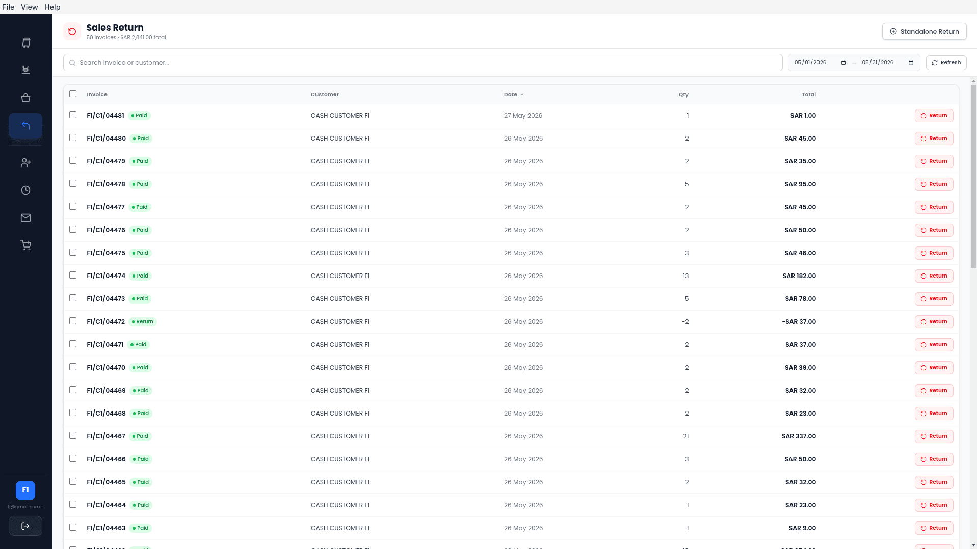 The Kenzer sales return screen, reversing line items against an existing invoice